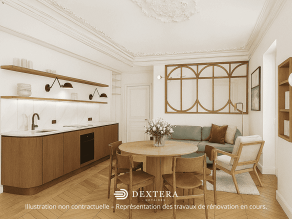 Appartement familial rénové à Levallois-Perret – Vue du séjour et de la cuisine ouverte