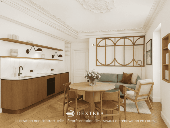 Appartement familial rénové à Levallois-Perret – Vue du séjour et de la cuisine ouverte