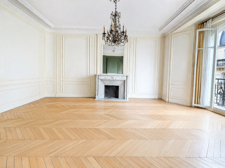Séjour avec parquet point de Hongrie et cheminée appartement haussmannien Paris