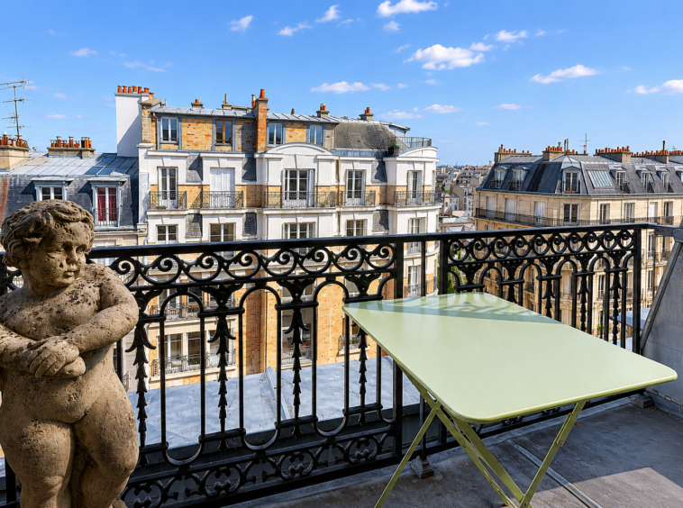 Vue dégagée depuis un balcon sur les toits de Paris