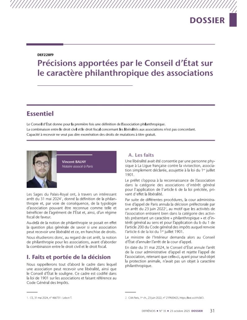vincent-balny-article-defrenois-philanthropie-associations-2025 Article de Maître Vincent Balny dans Le Defrénois du 23 octobre 2025 sur le caractère philanthropique des associations
